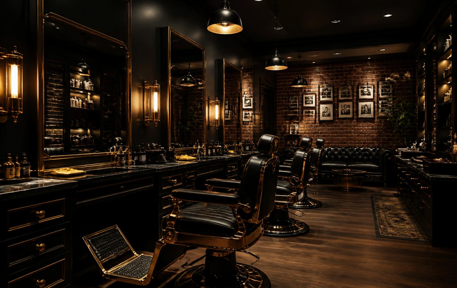 Interior of Latino Kuttzz barbershop with black leather chairs and gold detailing